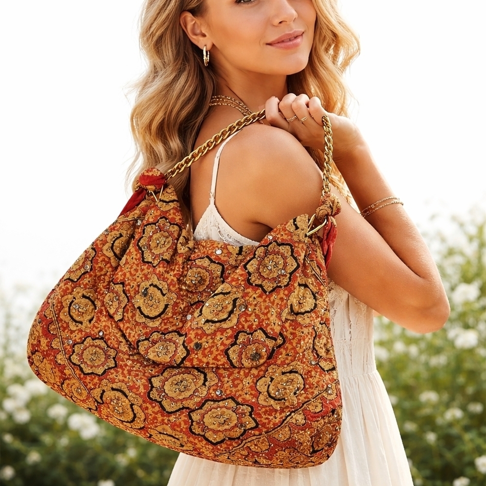 Vintage Mr. John Boho Tapestry Hobo Bag Gold Chain Strap Beaded Floral Satchel